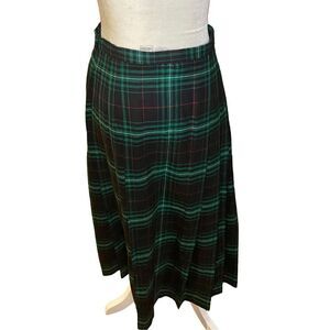 Vintage Pendleton navy blue & green tartan plaid long wool skirt